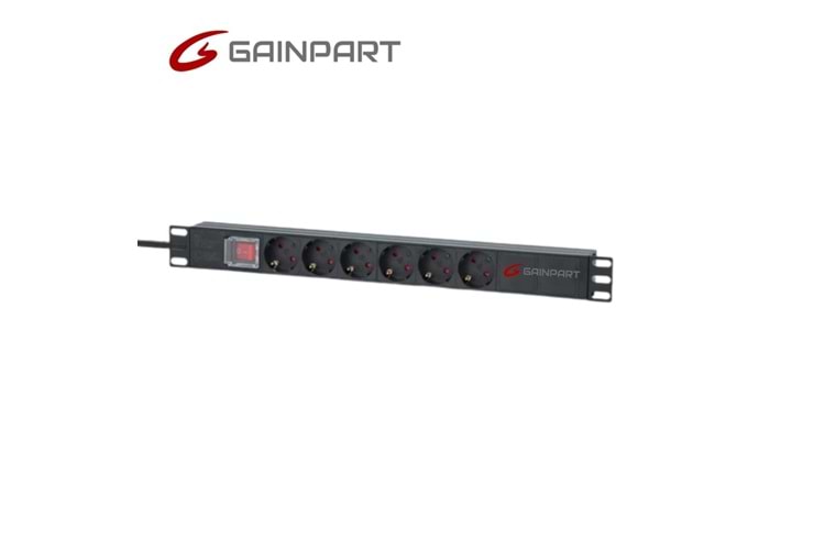 Gainpart GNP-PDU1U-06EU-ART PDU 1U 6 Way ON/OFF SWITCH/Alu/EU Plug and socket 2M